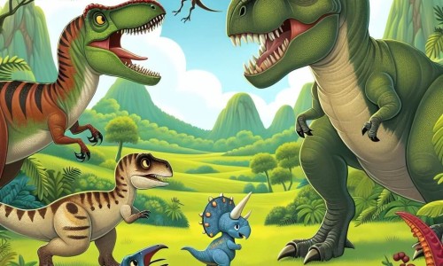 Une illustration destinée aux enfants représentant un vélociraptor curieux et courageux se retrouvant face à un tyrannosaure menaçant, accompagné d'un tricératops loyal et d'un ptérosaure coloré, dans la vallée verdoyante et luxuriante de Dinoland.
