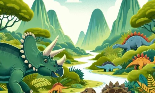Une illustration destinée aux enfants représentant un tricératops majestueux rencontrant une stégosaure perdue dans une vallée luxuriante parsemée de végétation luxuriante et de dinosaures préhistoriques.