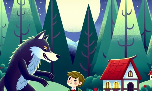 Une illustration destinée aux enfants représentant un petit garçon courageux confrontant le grand méchant loup dans un village au cœur de la forêt, avec en toile de fond des arbres majestueux et un ciel étoilé.