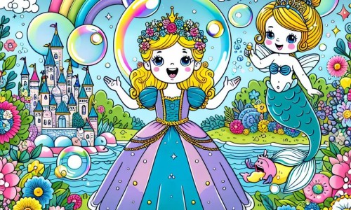 Une illustration destinée aux enfants représentant une princesse coquine, entourée de bulles géantes et d'une sirène rigolote, dans un jardin magique rempli de fleurs multicolores et d'étangs étincelants, dans le royaume enchanté des histoires rigolotes.