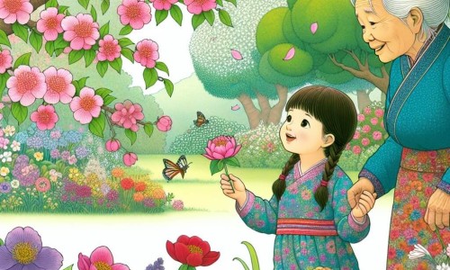 Une illustration destinée aux enfants représentant une jeune fille émerveillée par les merveilles du printemps, accompagnée de sa grand-mère bienveillante, se promenant dans un jardin luxuriant parsemé de fleurs colorées et d'arbres en fleurs.