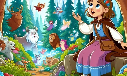Une illustration destinée aux enfants représentant une jeune fille intrépide, émerveillée par un monde enchanté peuplé de créatures magiques, dans une forêt luxuriante aux arbres majestueux et aux fleurs colorées.