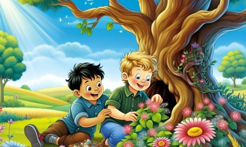 Une illustration destinée aux enfants représentant un petit garçon joyeux jouant avec son ami garçon dans un jardin fleuri baigné de soleil, découvrant un trésor caché sous un vieux chêne majestueux, sur fond de champs verdoyants et de ciel bleu printanier.
