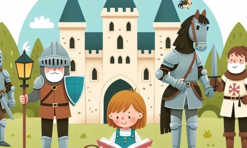 Une illustration destinée aux enfants représentant une fillette, plongée dans une aventure temporelle, accompagnée d'un écuyer au cœur d'un château médiéval entouré de chevaliers en armure brillante.