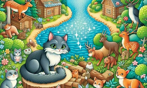Une illustration destinée aux enfants représentant un chat malin, entouré d'animaux de la forêt, dans un village pittoresque bordé d'une rivière scintillante et d'une forêt luxuriante.