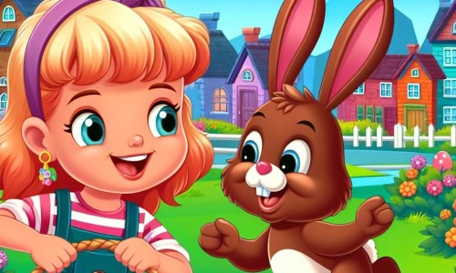 Une illustration destinée aux enfants représentant une fillette joyeuse participant à une chasse aux œufs de Pâques avec un lapin en chocolat farceur, dans un village coloré et animé de Joyeuxbourg.