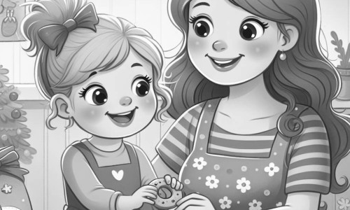 Une illustration destinée aux enfants représentant une petite fille joyeuse préparant une surprise pour son papa pour la fête des pères, accompagnée de sa maman souriante, dans une cuisine chaleureuse et colorée remplie de paillettes et de cookies.