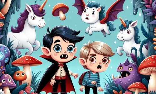Une illustration destinée aux enfants représentant un vampire rigolo (garçon) et un garçon curieux découvrant un monde fantastique peuplé de créatures étranges, avec des champignons luminescents et des licornes majestueuses, caché derrière une grotte mystérieuse.