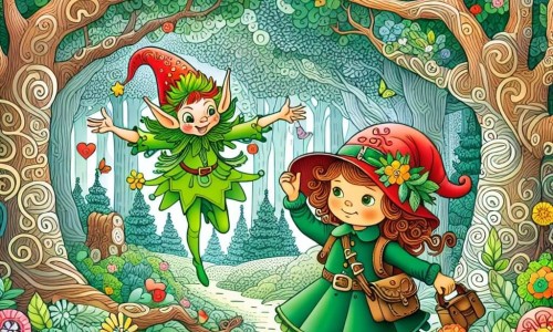 Une illustration destinée aux enfants représentant une fille curieuse et pleine d'imagination se lançant dans des aventures loufoques en compagnie d'un lutin farceur vêtu de vert et coiffé d'un chapeau rouge, dans une forêt enchantée aux arbres majestueux et aux fleurs multicolores.