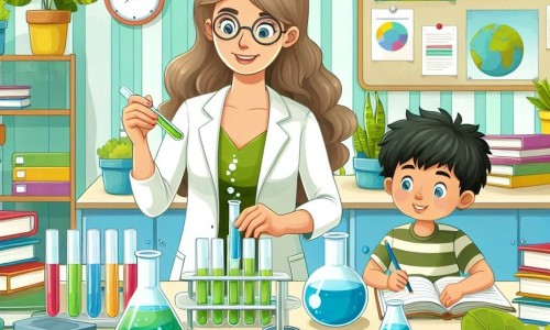 Une illustration destinée aux enfants représentant une institutrice dynamique préparant une expérience scientifique avec ses élèves, accompagnée d'un petit garçon curieux, dans une salle de classe lumineuse et colorée remplie de plantes vertes et de livres aux couvertures colorées.