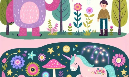 Une illustration destinée aux enfants représentant un monstre gentil, une licorne rose en détresse, et une clairière enchantée remplie de fleurs multicolores, de lucioles dansantes et de champignons lumineux.