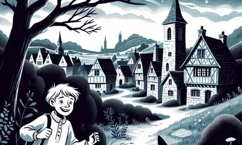 Une illustration destinée aux enfants représentant un jeune garçon curieux et intrépide se lançant dans une enquête mystérieuse avec l'aide d'une vieille sorcière, dans le sombre village de Bourgville.