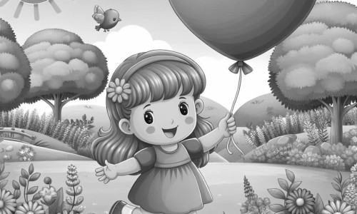 Une illustration destinée aux enfants représentant une fillette joyeuse offrant un ballon en forme de cœur à sa maman lors d'une journée ensoleillée au parc, avec des fleurs colorées, des arbres verdoyants et des oiseaux chantant.