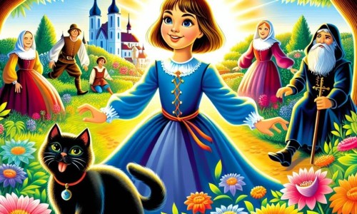 Une illustration destinée aux enfants représentant une fillette au sourire éclatant, se lançant dans une enquête passionnante avec ses amis, accompagnée d'un chat noir malicieux, dans un jardin ensoleillé aux fleurs multicolores et aux arbres majestueux.