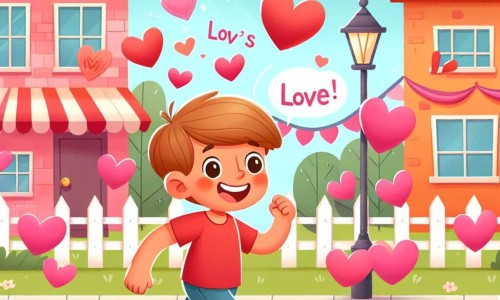 Une illustration destinée aux enfants représentant un jeune garçon plein d'enthousiasme, dans une petite ville colorée, où il découvre l'amour et l'amitié lors d'une fête de la Saint-Valentin au parc.