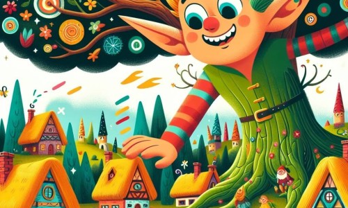 Une illustration destinée aux enfants représentant un petit lutin malicieux découvrant un monde enchanté où les arbres géants abritent un village coloré et joyeux, accompagné de son nouvel ami humain.