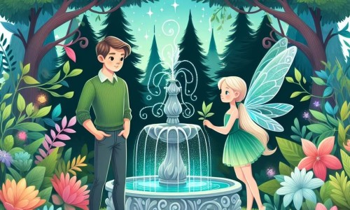 Une illustration destinée aux enfants représentant un jeune homme rêveur, se tenant devant une mystérieuse fontaine enchantée, accompagné d'une fée aux ailes translucides, dans une clairière verdoyante, entourée d'arbres majestueux et de fleurs aux couleurs vives.