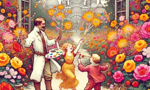 Une illustration destinée aux enfants représentant un homme talentueux et passionné d'art, qui rencontre deux enfants joyeux dans un jardin enchanté rempli de fleurs colorées aux senteurs enivrantes.