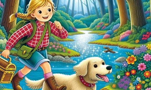 Une illustration destinée aux enfants représentant une jeune fille vive et curieuse, partant en exploration avec son fidèle chien Max, à la découverte d'un trésor caché près d'un ruisseau scintillant au cœur d'une forêt fleurie et colorée.