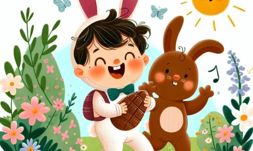 Une illustration destinée aux enfants représentant un petit garçon joyeux et espiègle en costume de lapin, partant à la chasse aux œufs en chocolat avec son ami le lapin en chocolat, dans un jardin fleuri et ensoleillé de Lapinville.