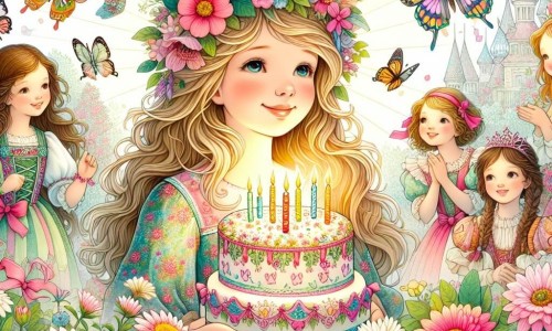Une illustration destinée aux enfants représentant une jeune fille rayonnante lors de son anniversaire, entourée de ses amis, dans un jardin enchanté aux fleurs multicolores et aux papillons virevoltants.