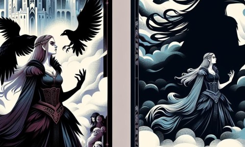 Une illustration destinée aux enfants représentant une femme mystérieuse et puissante, accompagnée d'un corbeau noir, affrontant l'ombre menaçante dans le royaume de Nébulea, où les brumes éternelles dansaient avec les ombres de la nuit.
