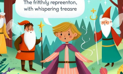 Une illustration destinée aux enfants représentant une jeune fille courageuse partant à la découverte d'un trésor magique avec ses fidèles amis, un chevalier, une fée et un magicien, dans une Forêt Enchantée aux arbres murmureurs et aux couleurs chatoyantes.