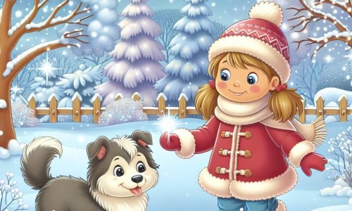 Une illustration destinée aux enfants représentant une petite fille émerveillée par la neige, accompagnée de son fidèle chien Max, explorant un jardin enneigé avec des arbres recouverts de flocons scintillants, dans une journée d'hiver magique.