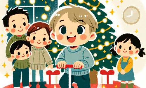 Une illustration destinée aux enfants représentant un petit garçon plein d'énergie, entouré de sa famille, dans un salon décoré avec un grand sapin de Noël scintillant, attendant avec impatience l'arrivée du Père Noël.