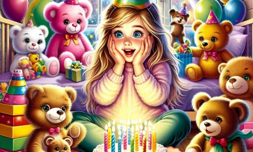 Une illustration destinée aux enfants représentant une jeune fille émerveillée par une surprise d'anniversaire, accompagnée de ses amis animaux, dans une chambre colorée et pleine de jouets.