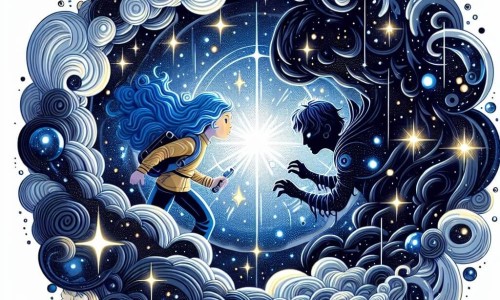 Une illustration destinée aux enfants représentant une exploratrice cosmique aux cheveux bleus, affrontant un être maléfique dans une Nébuleuse Noire aux reflets argentés et aux nuages sombres tourbillonnants, sous un ciel étoilé scintillant de mille feux.