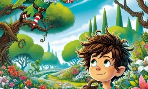 Une illustration destinée aux enfants représentant un jeune garçon aux cheveux ébouriffés, plongé dans une aventure extraordinaire, accompagné d'un lutin farceur, dans un parc luxuriant rempli de fleurs colorées et d'arbres majestueux.