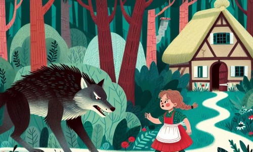 Une illustration destinée aux enfants représentant une petite fille courageuse, faisant face au grand méchant loup dans une forêt dense et mystérieuse, accompagnée de sa grand-mère, Madame Renard, vivant dans une charmante chaumière au bord du bois.