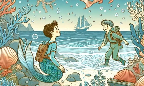 Une illustration destinée aux enfants représentant une sirène courageuse et un jeune garçon explorant ensemble les fonds marins scintillants d'une plage bordée de coquillages et de coraux chatoyants.