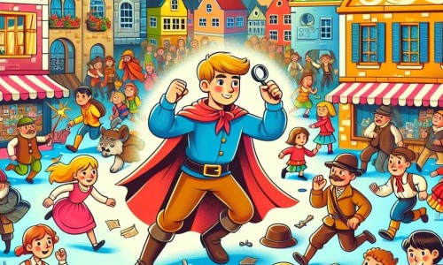 Une illustration destinée aux enfants représentant un jeune homme courageux résolvant des mystères avec l'aide des enfants, dans la ville colorée et animée de Féliciville.