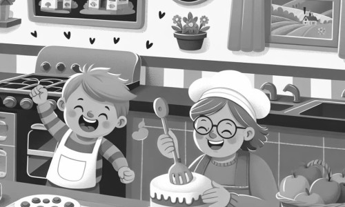 Une illustration destinée aux enfants représentant un petit garçon plein d'énergie, préparant un gâteau pour sa maman, avec l'aide complice d'une maman souriante, dans une cuisine chaleureuse et colorée de Pommeville.