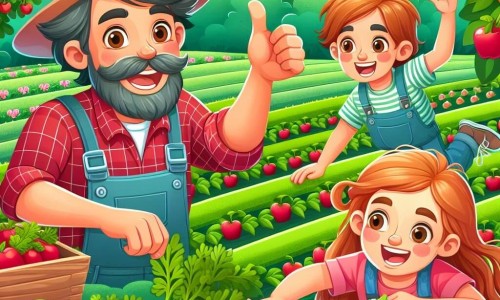 Une illustration destinée aux enfants représentant un homme passionné par l'agriculture, accompagné d'une fille et d'un garçon, découvrant un trésor caché dans un champ verdoyant de leur ferme, entouré de pommes rouges et de carottes orange brillantes.