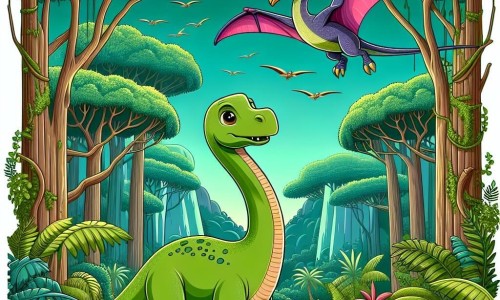 Une illustration destinée aux enfants représentant un jeune diplodocus courageux, une ptérodactyle volante et colorée, au milieu d'une vaste forêt préhistorique luxuriante et pleine de mystères.