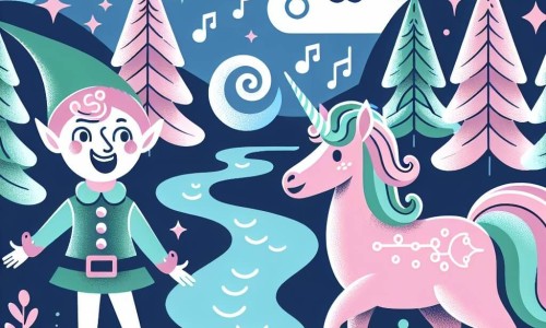 Une illustration destinée aux enfants représentant une licorne rose bonbon espiègle, accompagnée d'un lutin espiègle, dans une forêt enchantée aux arbres chantants, aux nuages dansants et aux rivières murmurantes.