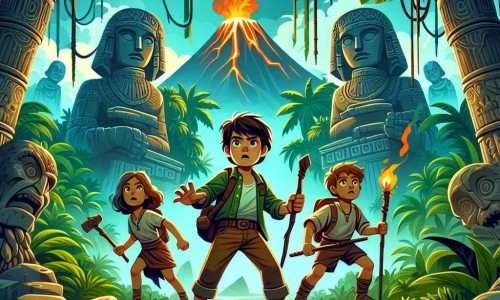 Une illustration destinée aux enfants représentant un petit garçon courageux et intrépide, accompagné de ses amis, faisant face à un volcan grondant au cœur d'une jungle mystérieuse remplie de végétation luxuriante et de statues énigmatiques.