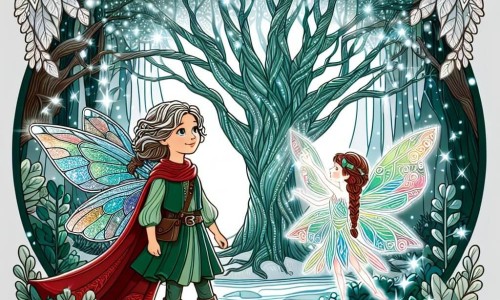 Une illustration destinée aux enfants représentant une jeune femme courageuse et belle, se tenant devant un arbre majestueux scintillant comme des émeraudes, accompagnée d'une fée lumineuse aux ailes irisées, dans une forêt enchantée baignée de lumière argentée.