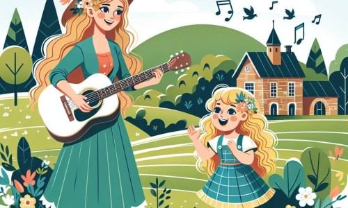 Une illustration destinée aux enfants représentant une jeune femme talentueuse en musique, accompagnée d'une petite fille aux boucles dorées, jouant de la guitare et chantant joyeusement dans un village pittoresque entouré de champs verdoyants et de maisons en pierre.