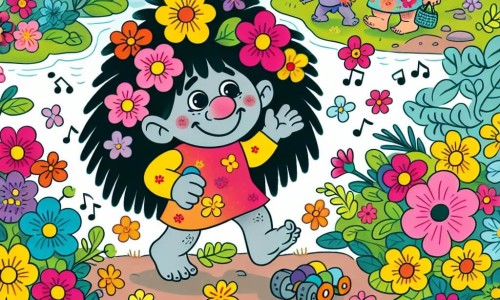 Une illustration destinée aux enfants représentant un petit lutin farceur, entouré de fleurs multicolores, se trouvant dans le pays des lutins, où il doit relever des défis amusants pour rentrer chez lui.