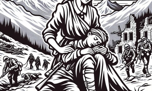 Une illustration destinée aux enfants représentant une jeune femme au cœur vaillant, accompagnée d'un soldat blessé, bravant les montagnes escarpées et les champs de bataille dévastés d'un petit village paisible.