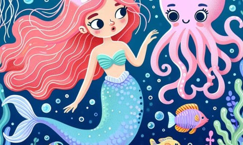 Une illustration destinée aux enfants représentant une sirène aux cheveux couleur corail, faisant face à une pieuvre facétieuse, dans les profondeurs de l'océan bleu azur, avec des poissons multicolores et des méduses scintillantes.