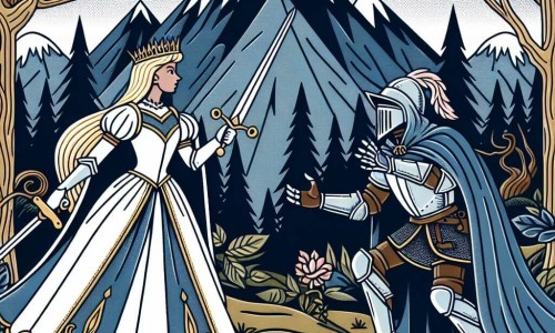 Une illustration destinée aux enfants représentant une chevalière courageuse affrontant un sorcier maléfique pour sauver une princesse prisonnière, dans un royaume lointain aux montagnes escarpées et aux forêts sombres.