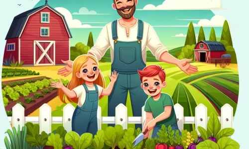 Une illustration destinée aux enfants représentant un homme passionné par son métier d'agriculteur, accompagné d'une fille et d'un garçon joyeux, travaillant ensemble dans une ferme pittoresque entourée de champs verdoyants, d'une étable accueillante et d'un potager coloré.