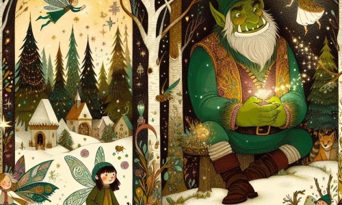 Une illustration destinée aux enfants représentant un ogre au cœur tendre, une petite fille courageuse, une Forêt Enchantée peuplée de fées aux ailes scintillantes et de lutins farceurs.