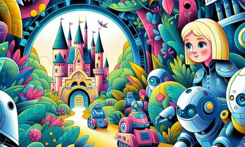 Une illustration destinée aux enfants représentant une jeune fille au doux visage, entourée de robots futuristes, découvrant un château enchanté caché au milieu d'une nature luxuriante et colorée.