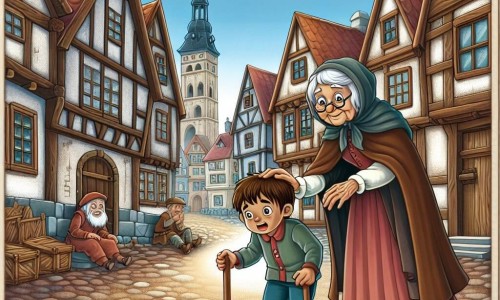 Une illustration destinée aux enfants représentant un garçon curieux se retrouvant accidentellement transporté dans le passé, aidé par une vieille dame sage, dans un village médiéval aux rues pavées et aux maisons à colombages.